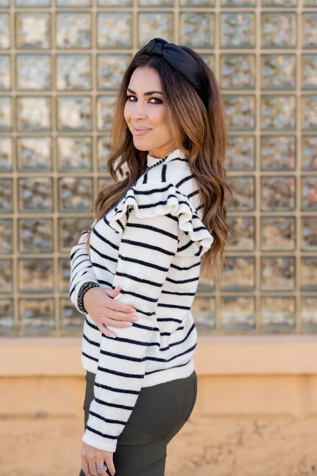Striped Flutter Shoulder Sweater