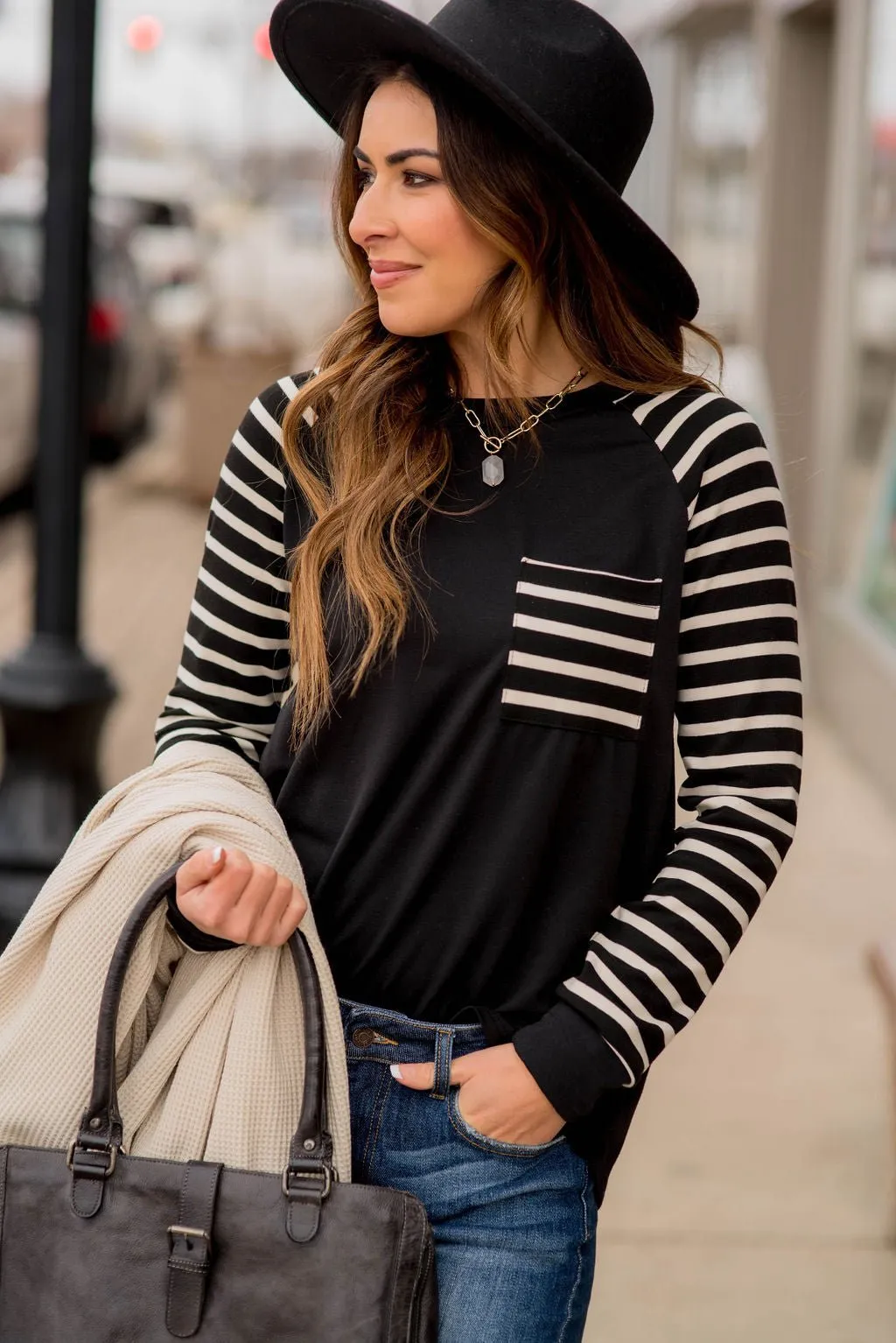 Striped Sleeve Pocket Sweatshirt