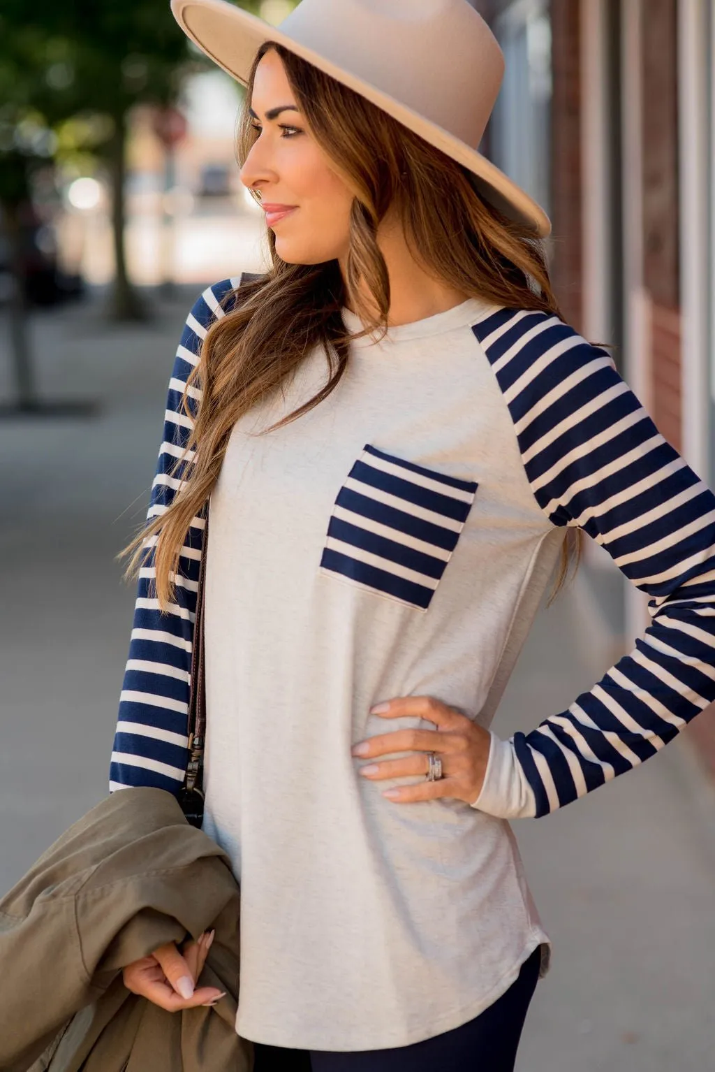 Striped Sleeve Pocket Sweatshirt
