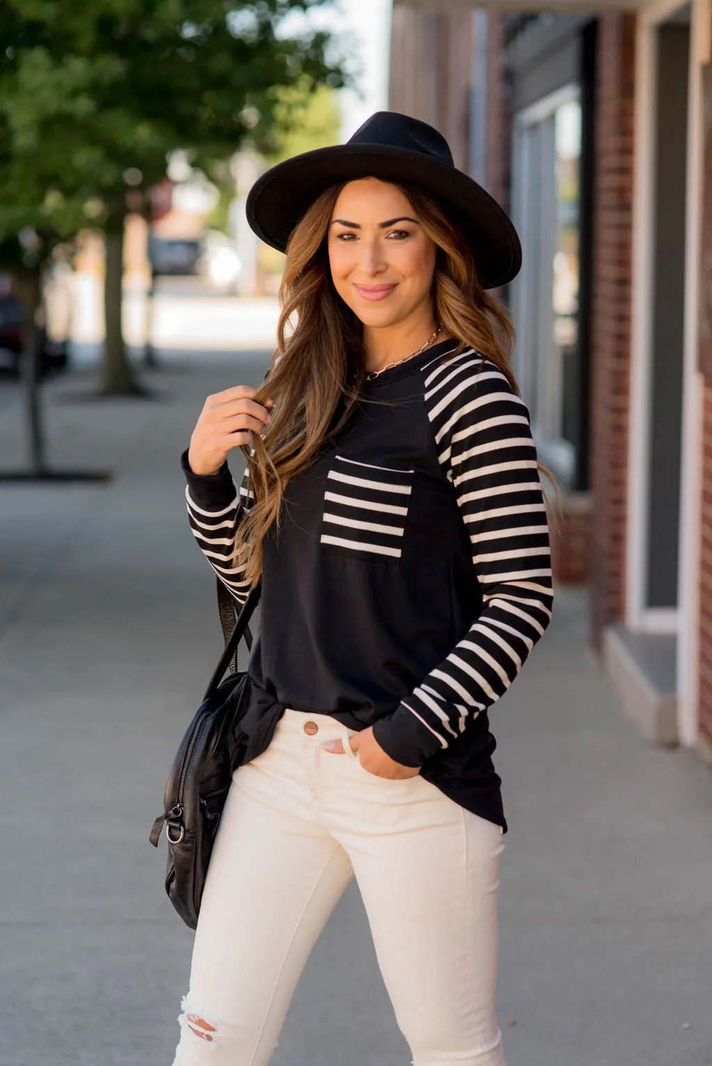 Striped Sleeve Pocket Sweatshirt