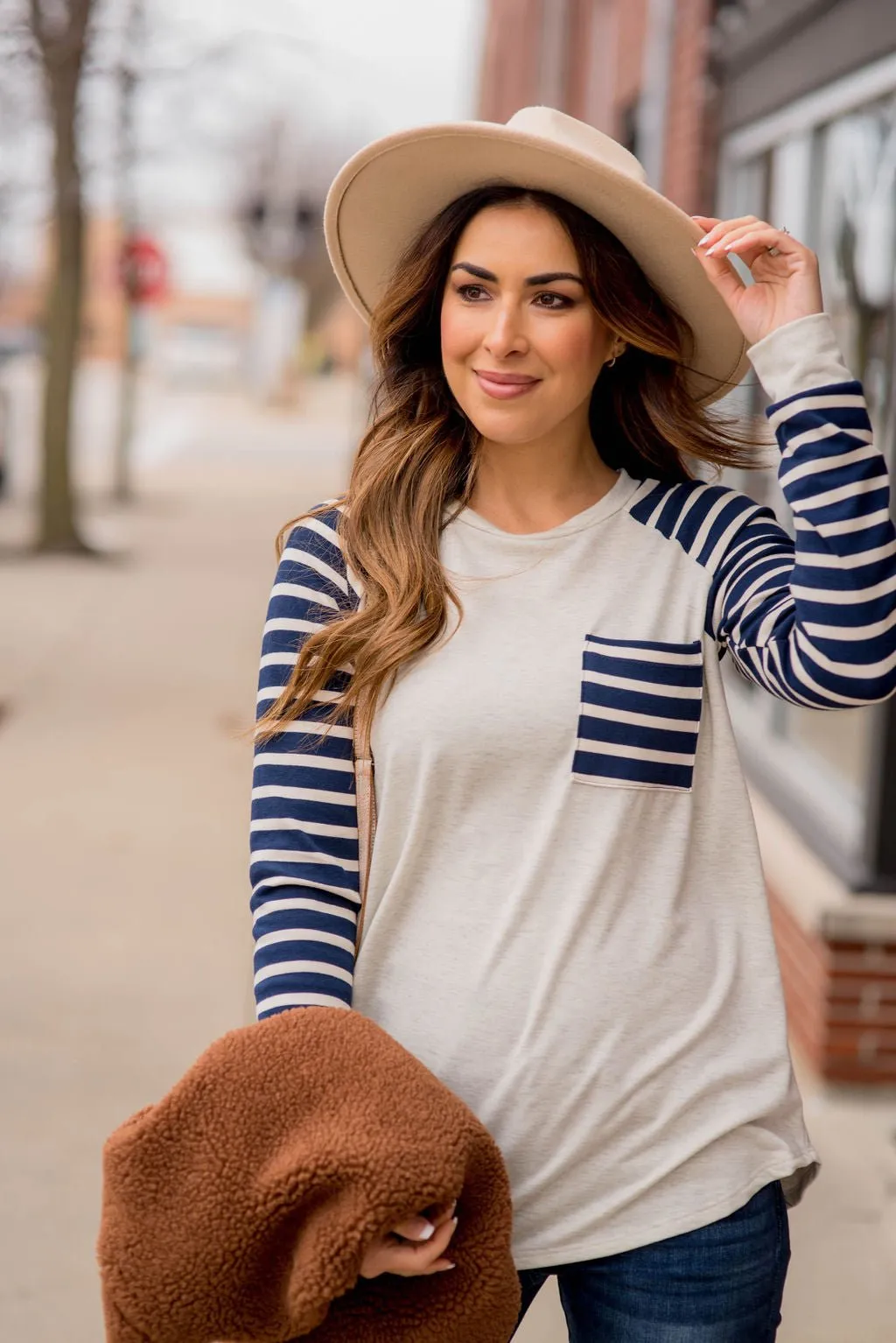 Striped Sleeve Pocket Sweatshirt
