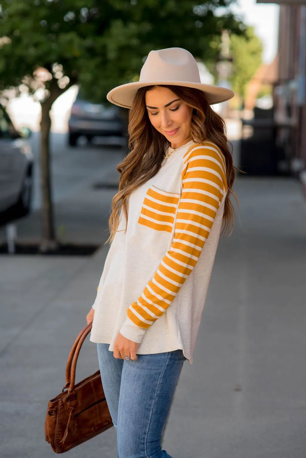 Striped Sleeve Pocket Sweatshirt