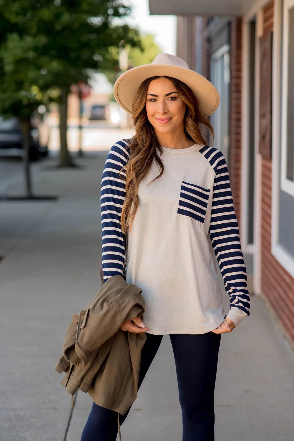 Striped Sleeve Pocket Sweatshirt
