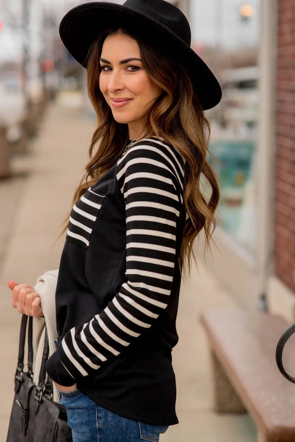 Striped Sleeve Pocket Sweatshirt