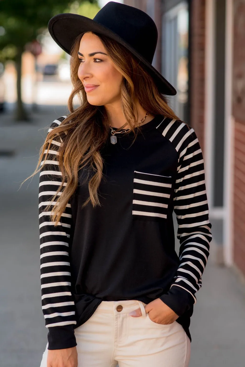 Striped Sleeve Pocket Sweatshirt