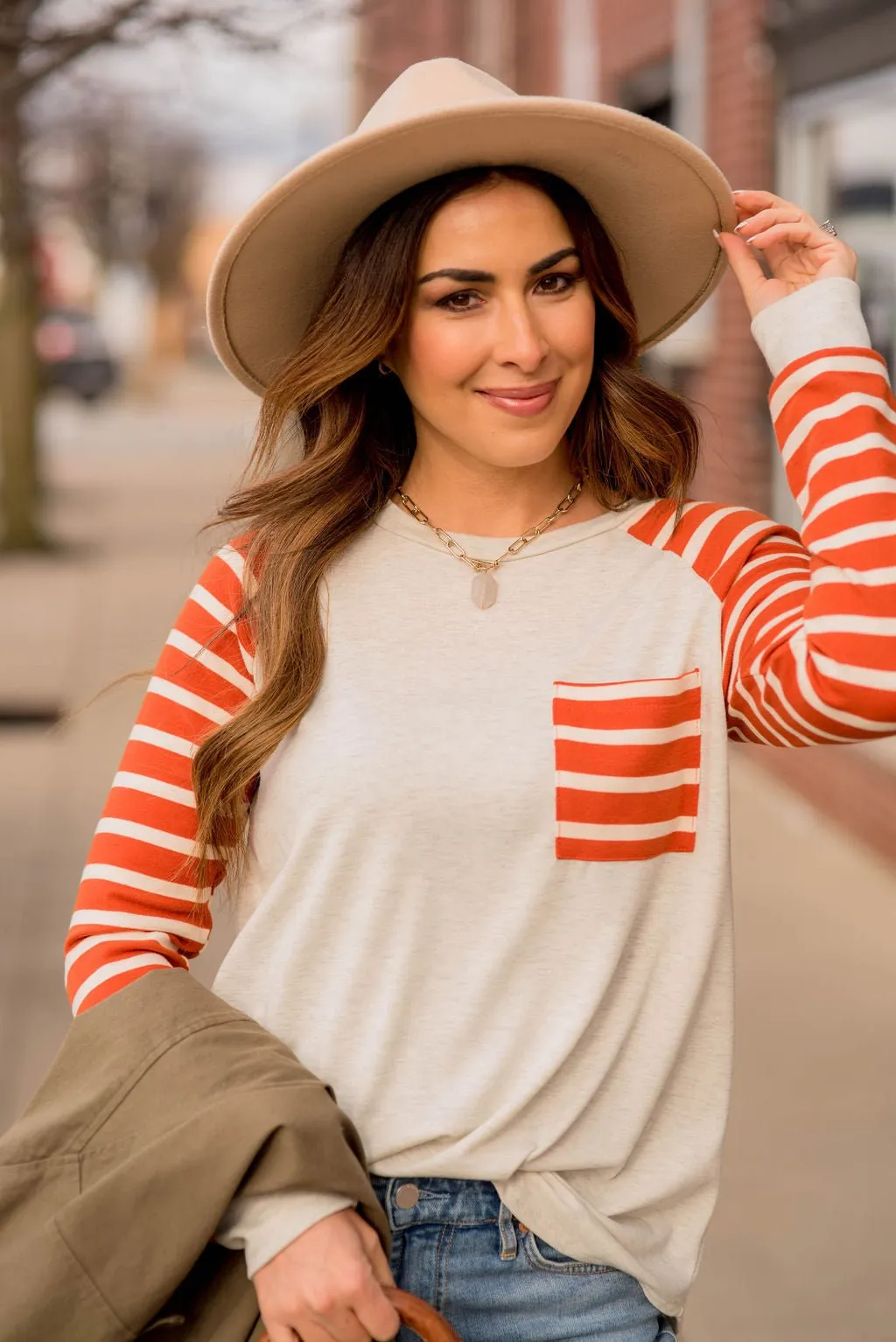 Striped Sleeve Pocket Sweatshirt