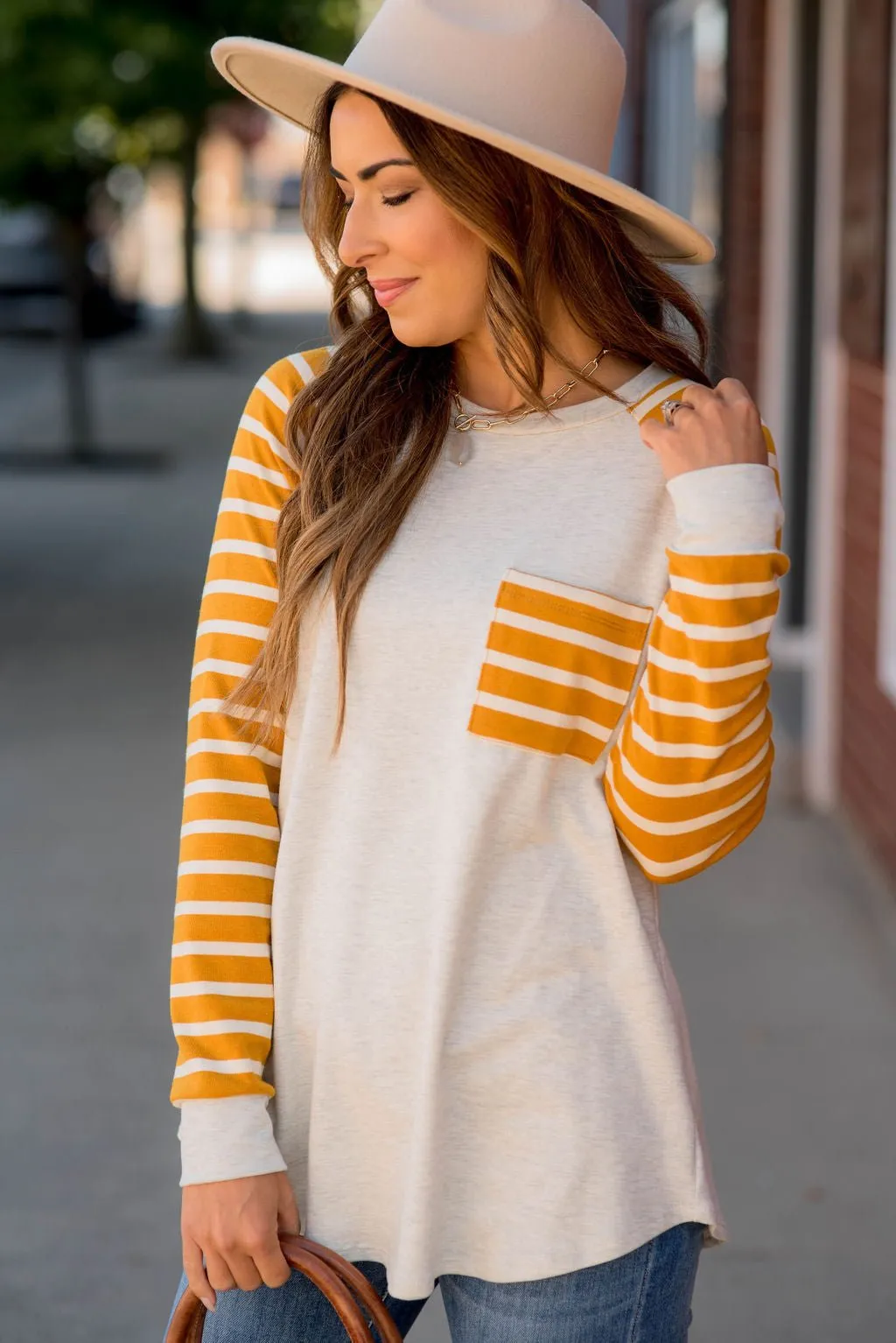 Striped Sleeve Pocket Sweatshirt