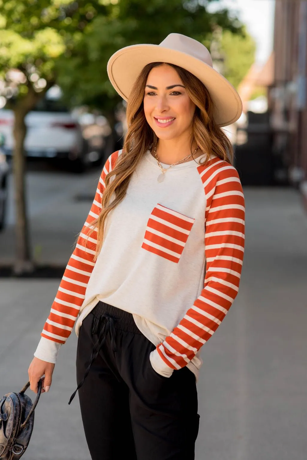 Striped Sleeve Pocket Sweatshirt