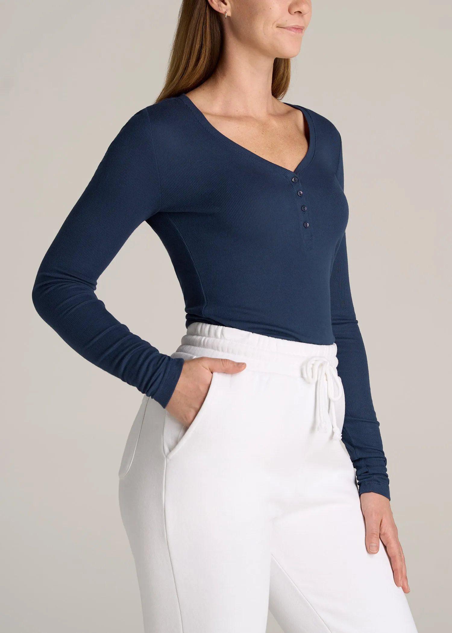 Tall Women's FITTED Ribbed Long Sleeve Henley in Navy