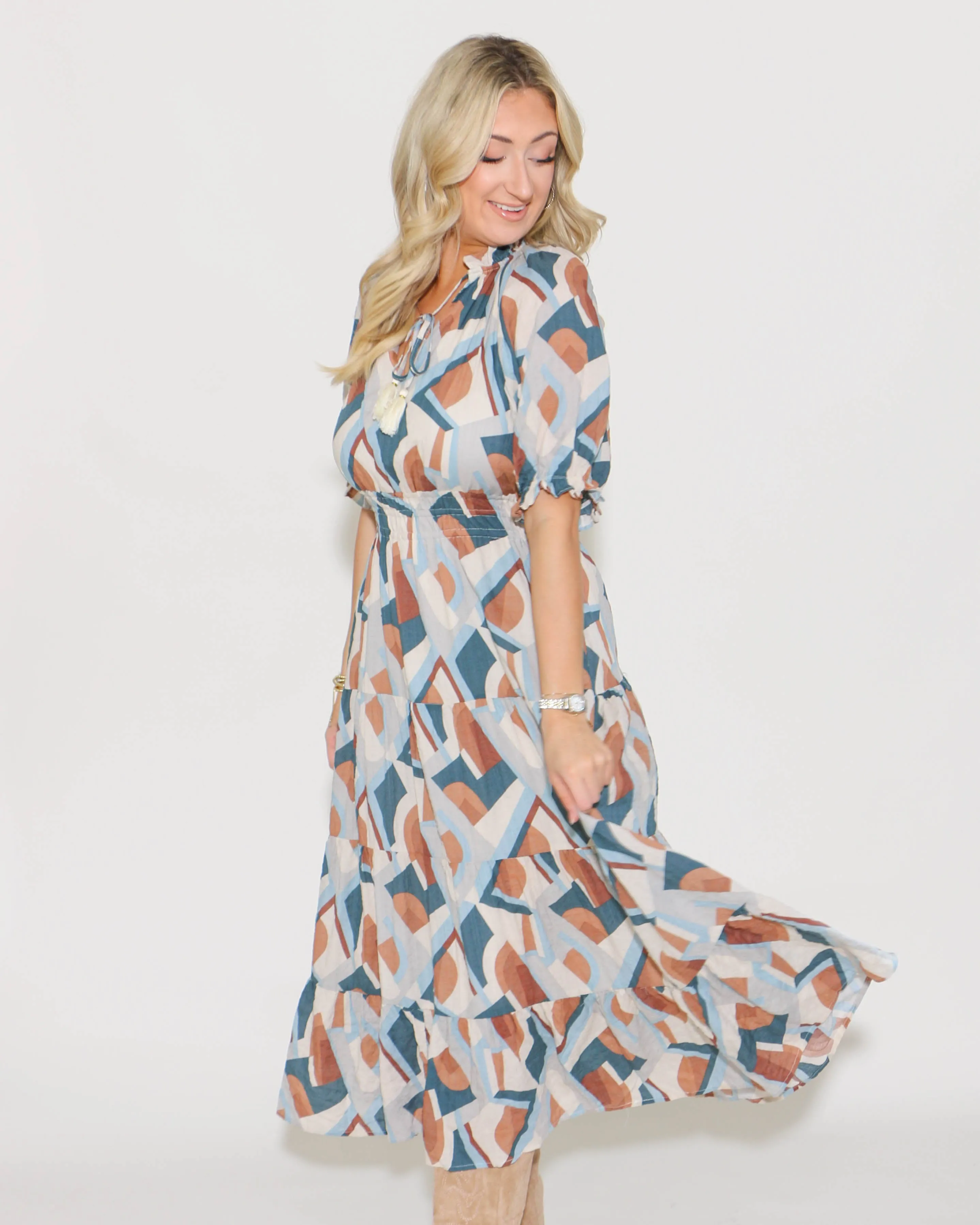 THML | Smocked Waist Print Maxi Dress Brown