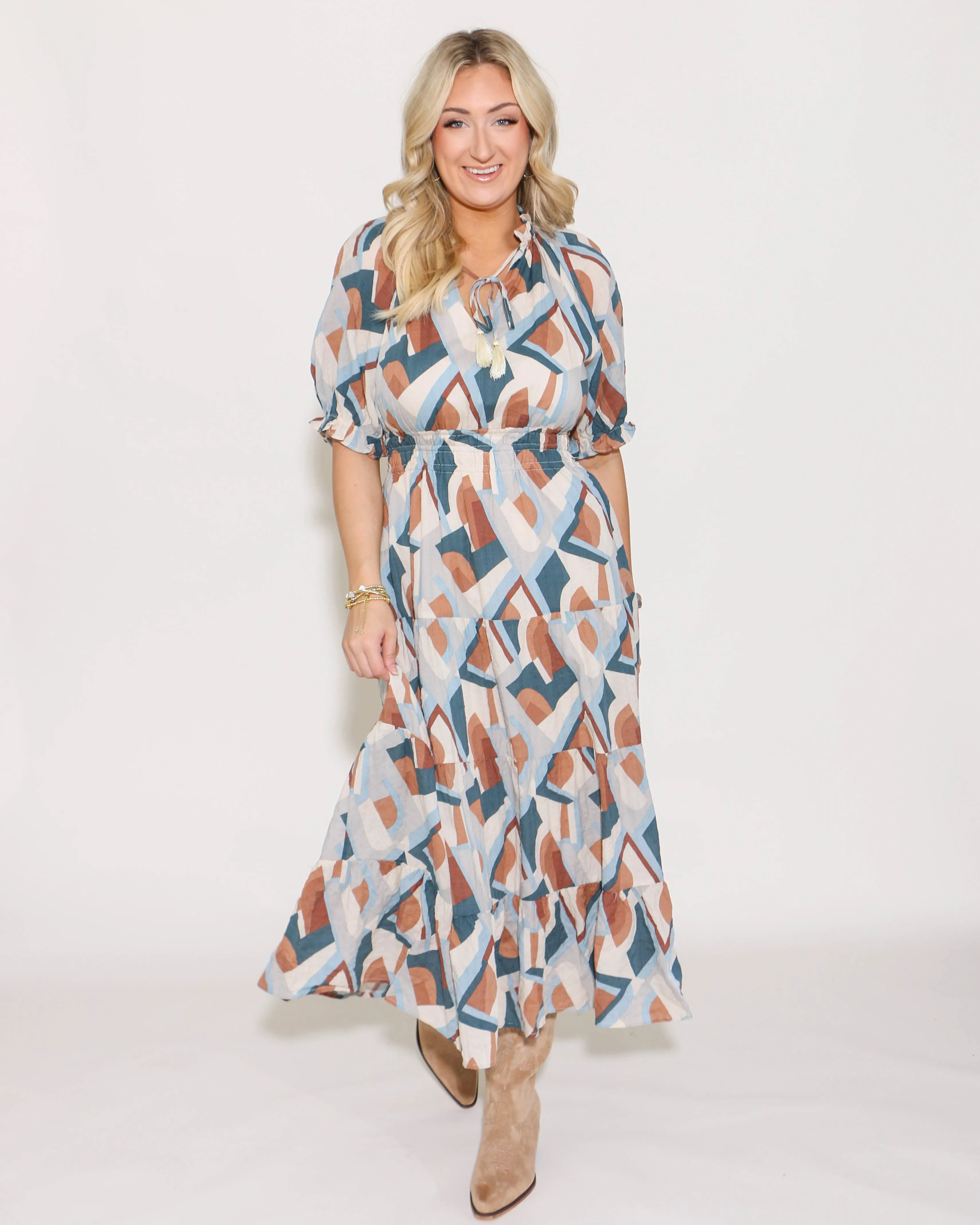 THML | Smocked Waist Print Maxi Dress Brown