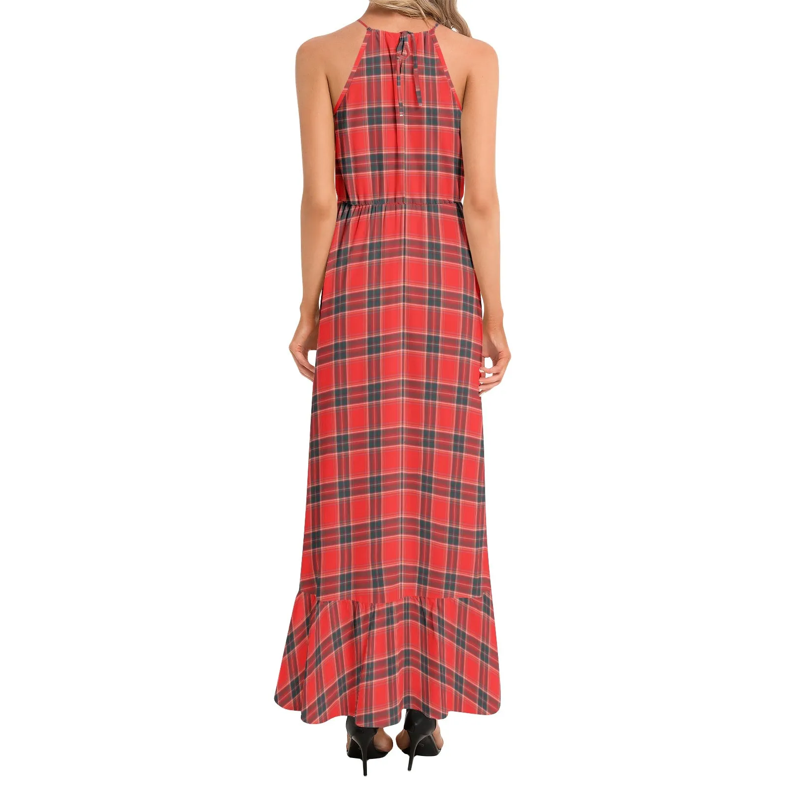 Unspeakable Joy Plaid Ruffle Hem Halter Neck Maxi Dress