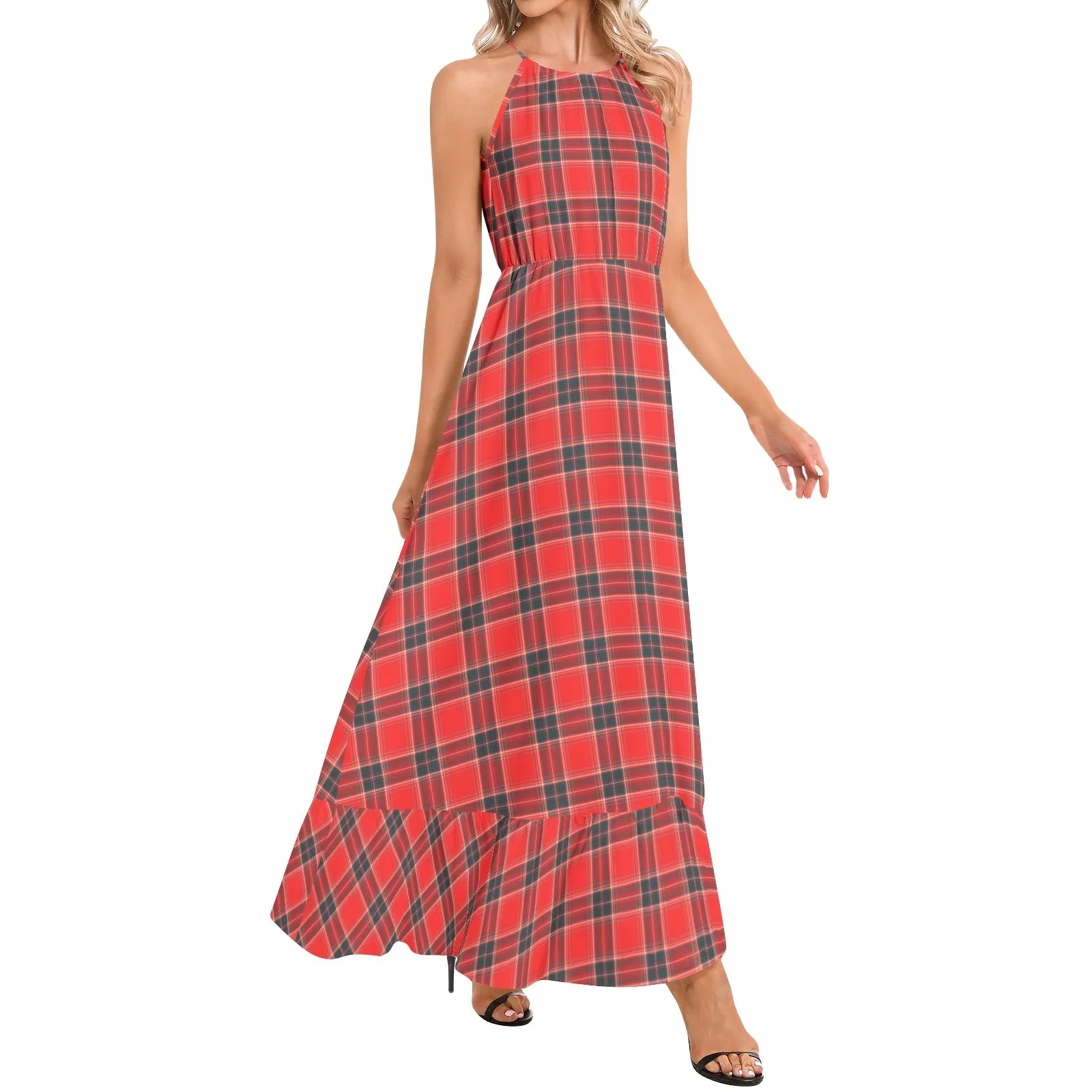 Unspeakable Joy Plaid Ruffle Hem Halter Neck Maxi Dress