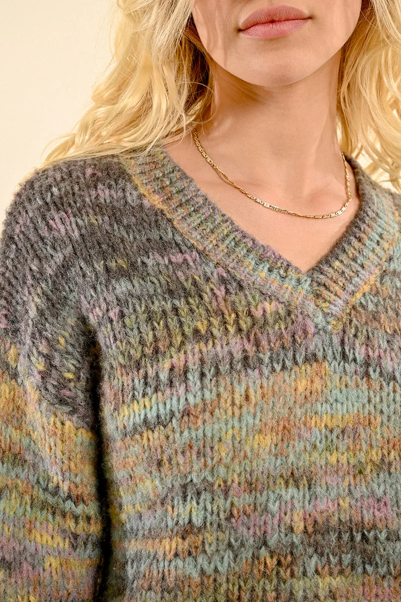 V-Neck Marled Sweater - Grey