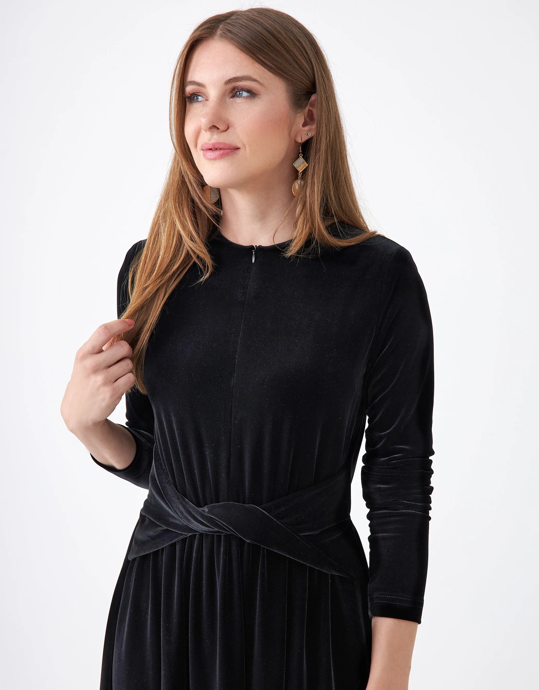 Velvet Zip Front Maxi Dress Shabbos Robe with Waist Twist