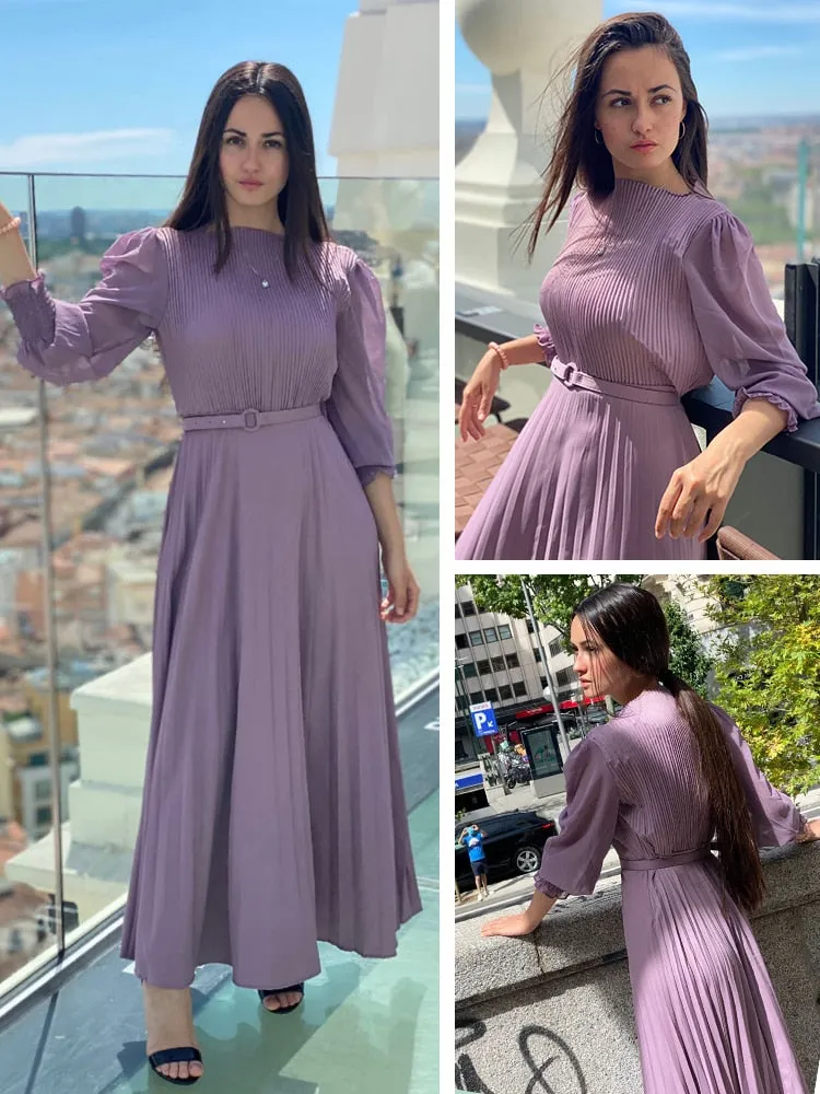 Vintage Charm Maxi Pleated Dress with Puff Sleeves
