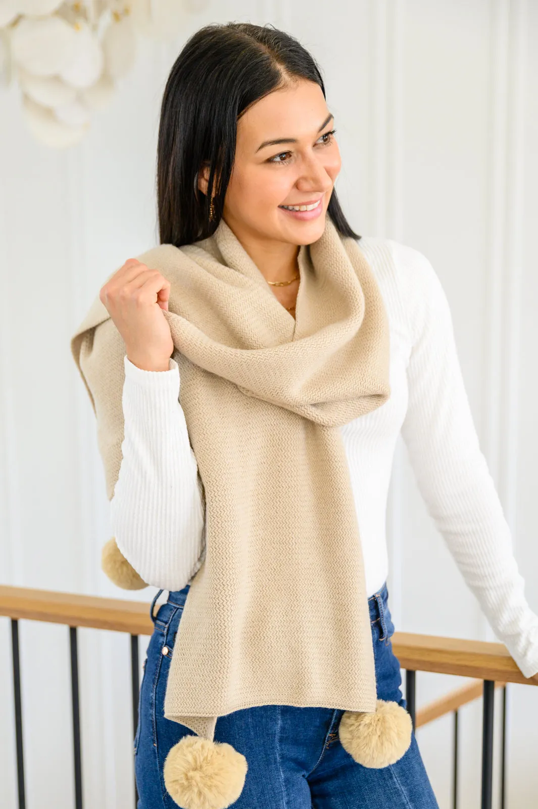 W23 Knitted Fuzzy Pom Pom Scarf In Beige