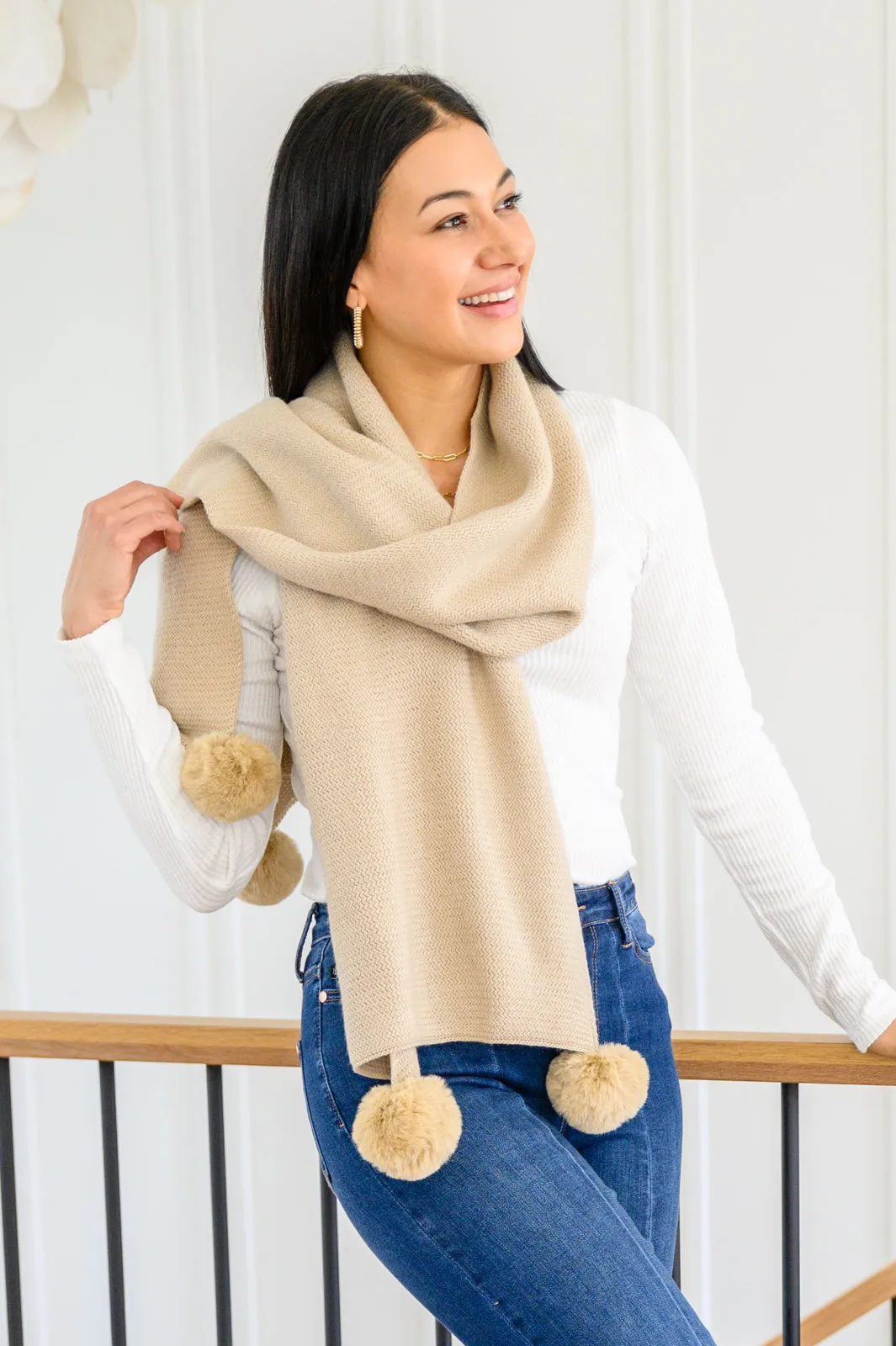 W23 Knitted Fuzzy Pom Pom Scarf In Beige