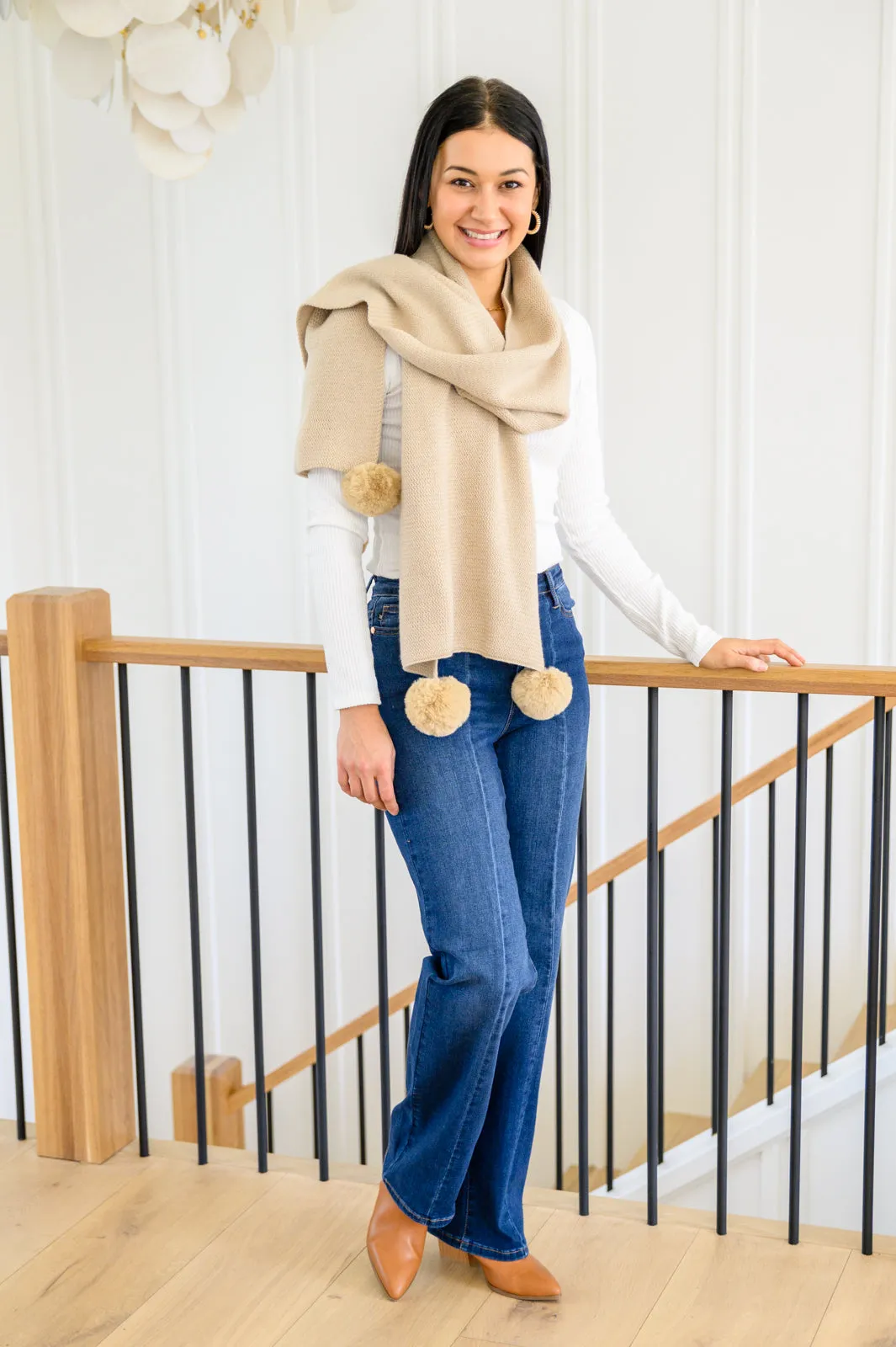 W23 Knitted Fuzzy Pom Pom Scarf In Beige