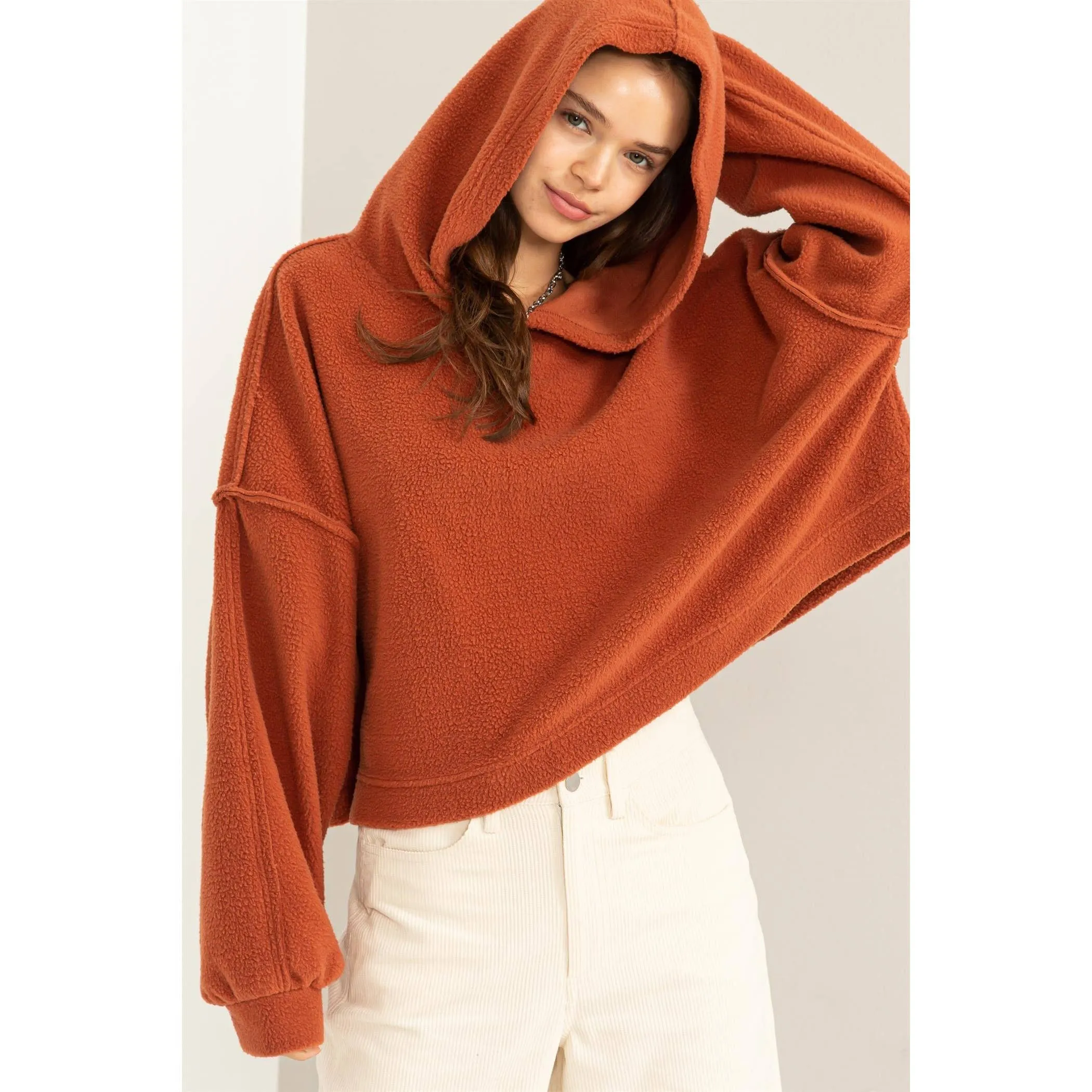 Warm Fluffy Fleece Oversized Crop Hoodie