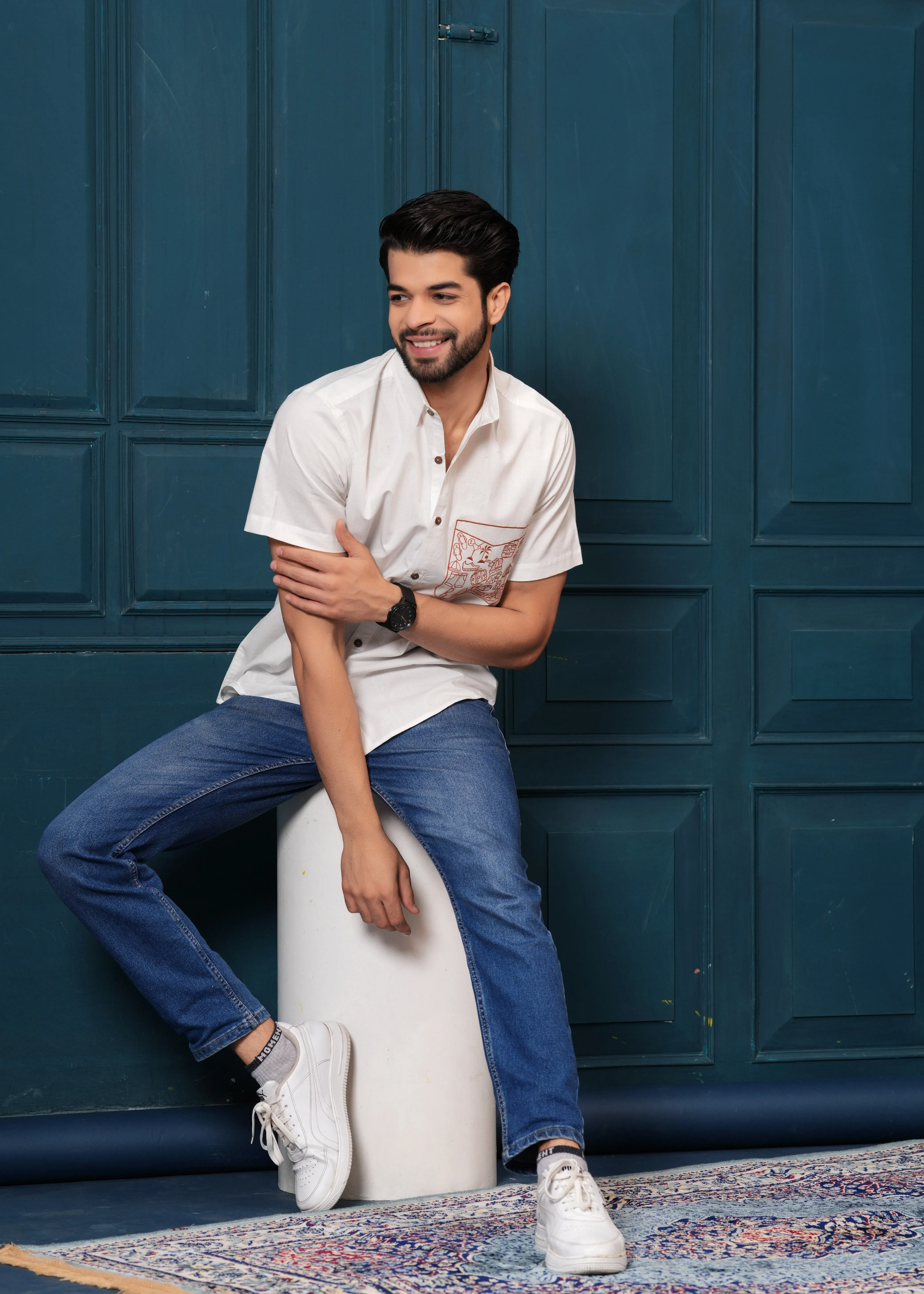 White Beach Design Embroiderd Cotton Shirt