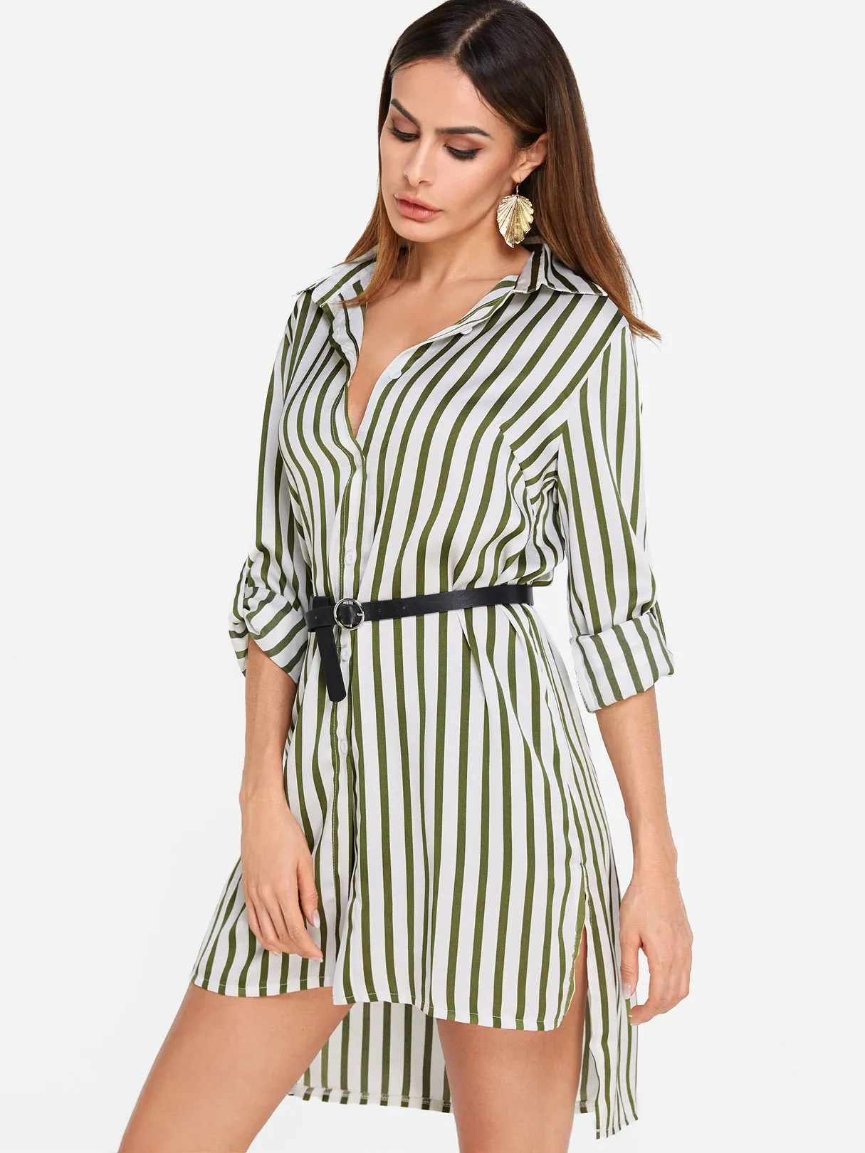 Wholesale Green Lapel Collar Long Sleeve Stripe High-Low Hem Shirt Dresses