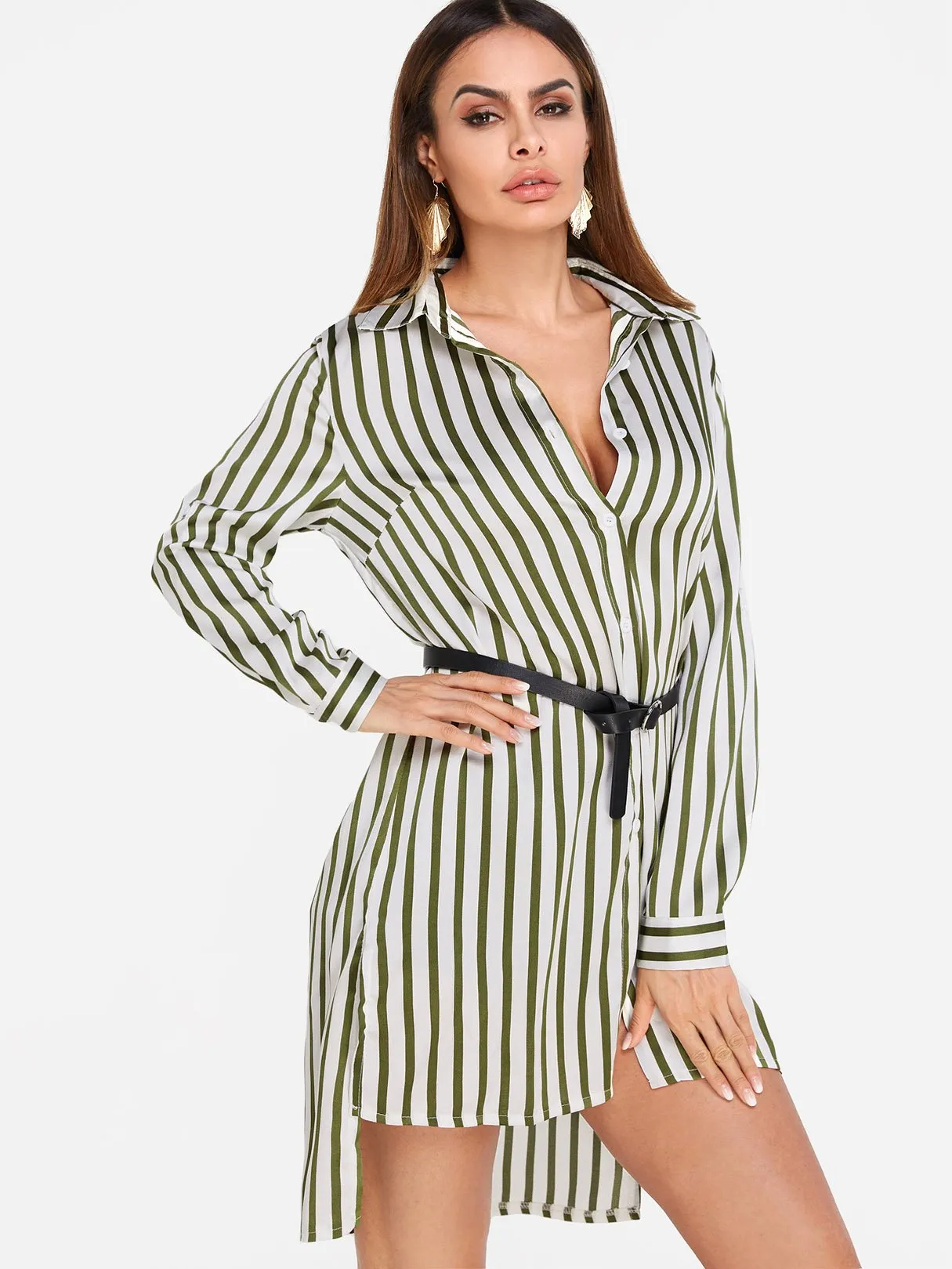 Wholesale Green Lapel Collar Long Sleeve Stripe High-Low Hem Shirt Dresses