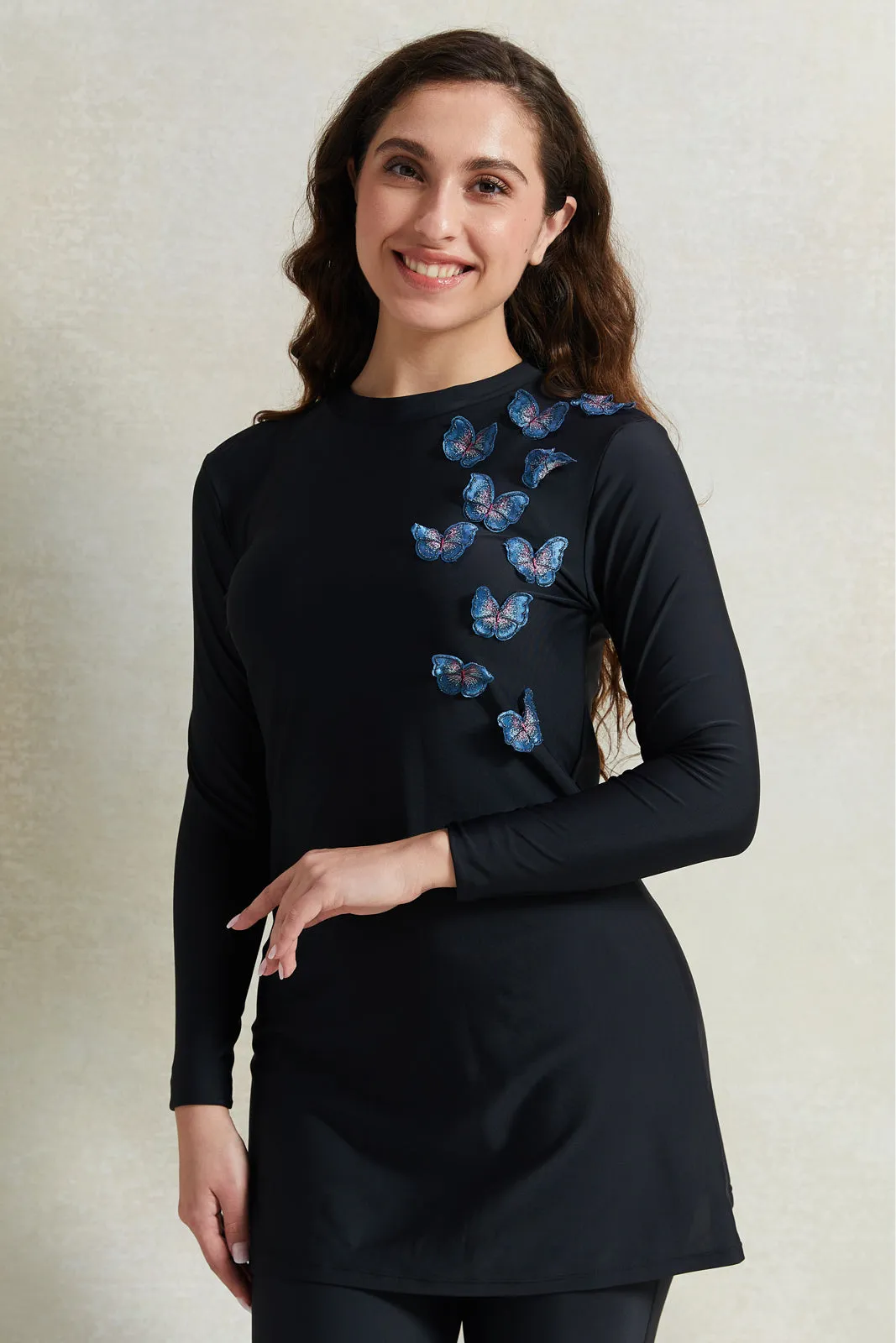Women Black Butterfly Trim Burkini Set (2 Piece)