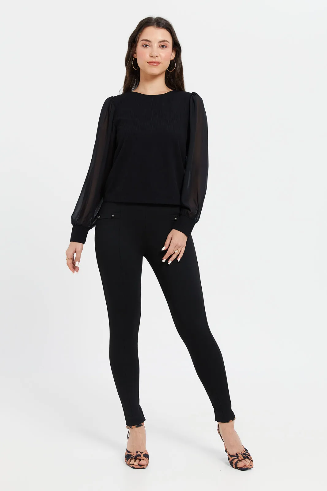 Women Black Double Button Leggings