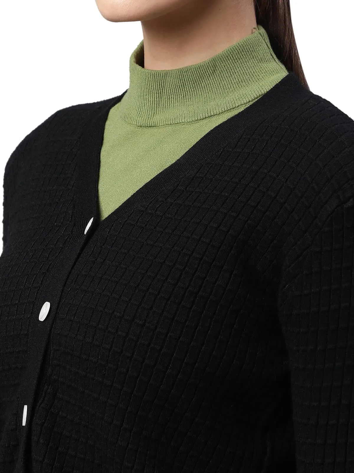 Women Black Jacquard Crop Regular Fit Cardigan