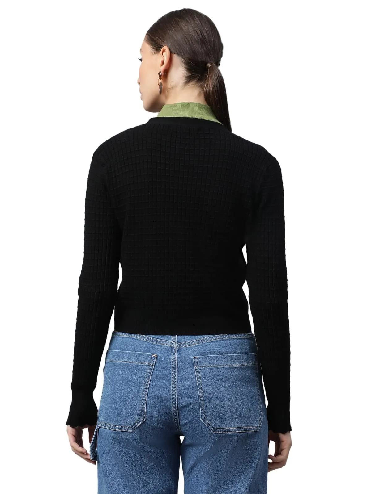Women Black Jacquard Crop Regular Fit Cardigan