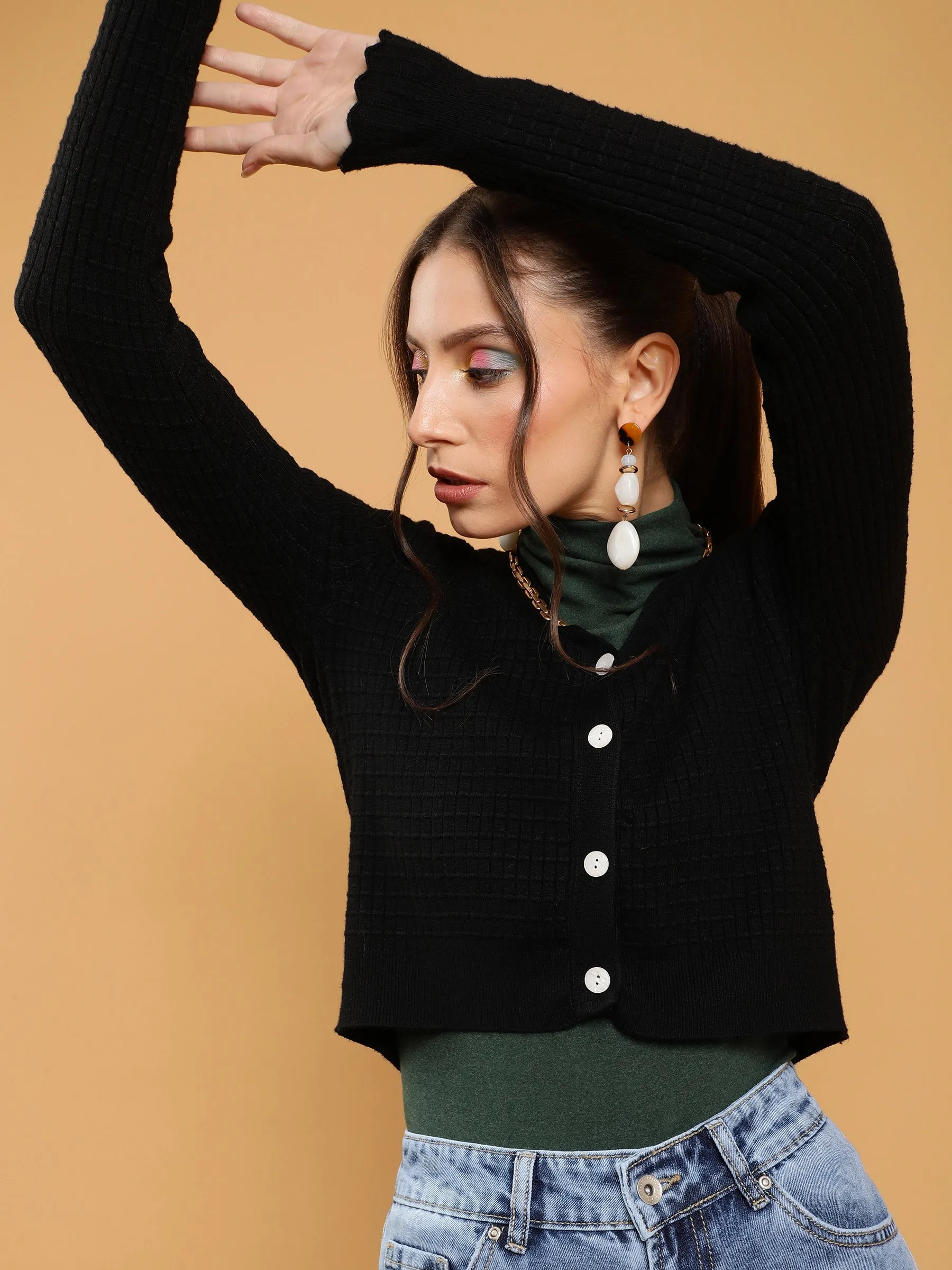 Women Black Jacquard Crop Regular Fit Cardigan