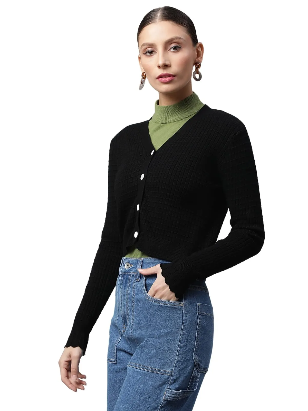 Women Black Jacquard Crop Regular Fit Cardigan