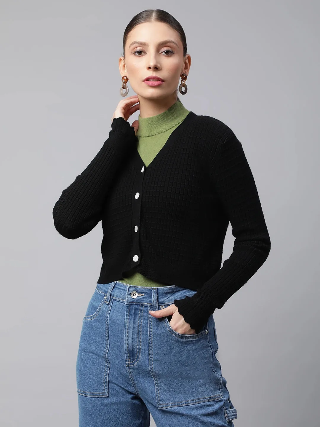 Women Black Jacquard Crop Regular Fit Cardigan