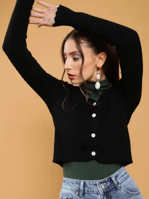 Women Black Jacquard Crop Regular Fit Cardigan