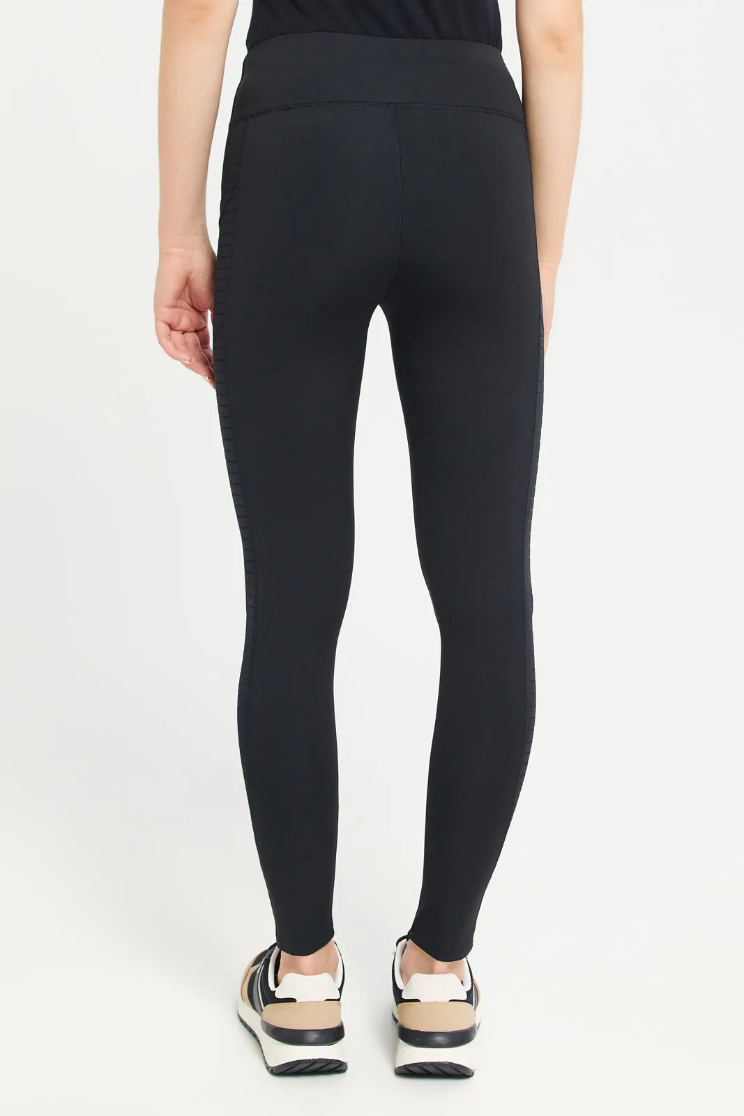 Women Black Performance Leggings With Mesh Detailing