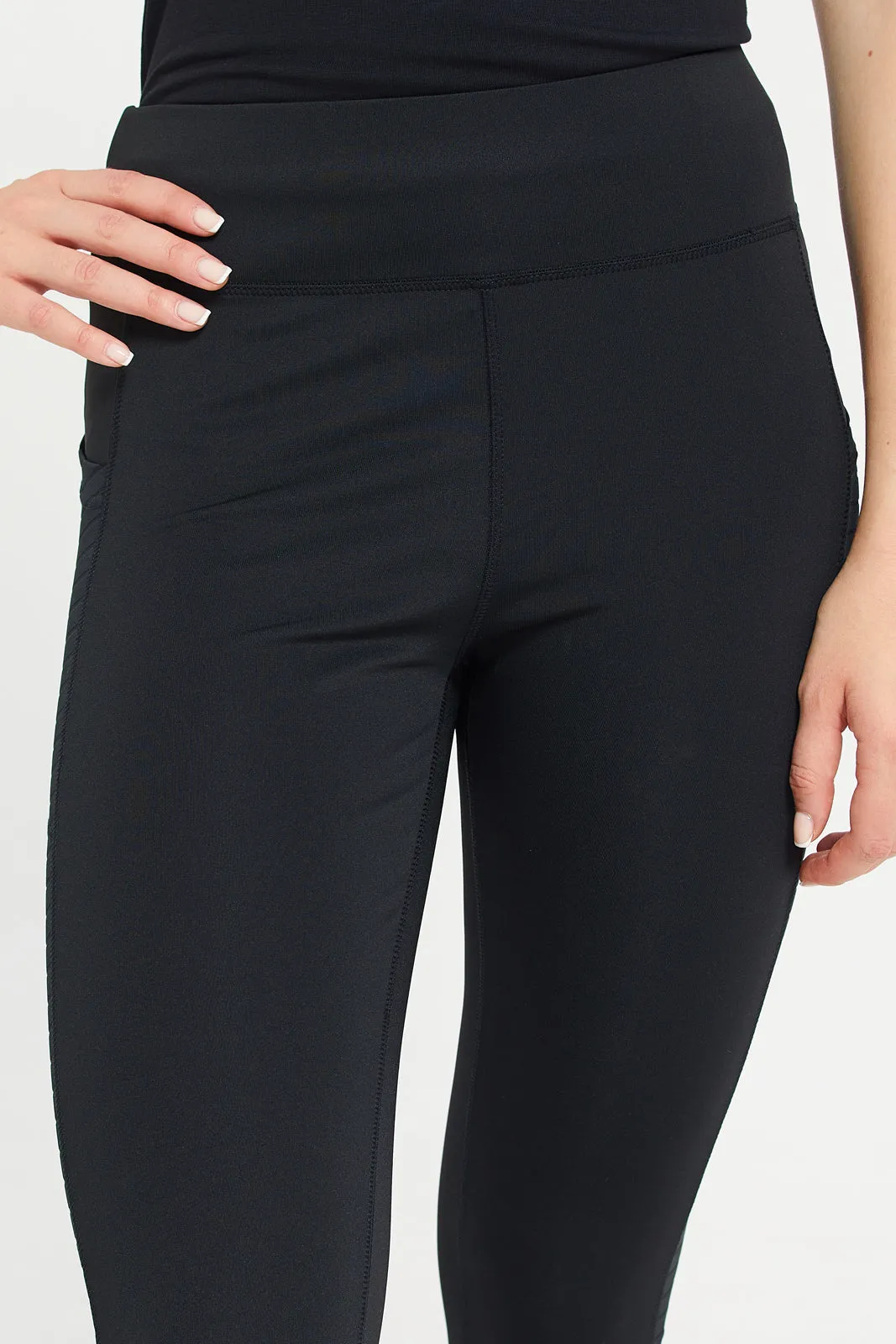 Women Black Performance Leggings With Mesh Detailing