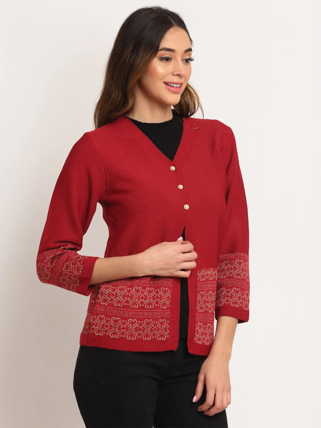 Women Maroon V-Neck Knitted Loose Fit Cardigan
