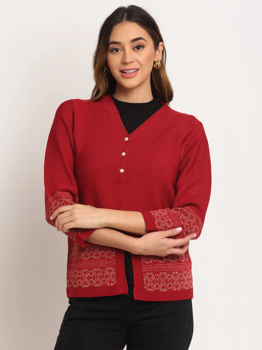 Women Maroon V-Neck Knitted Loose Fit Cardigan
