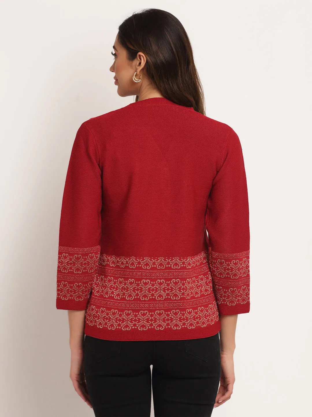 Women Maroon V-Neck Knitted Loose Fit Cardigan