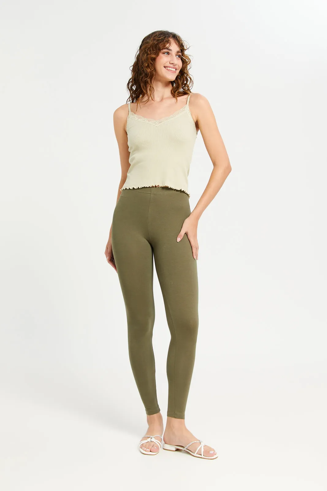 Women Olive Long Length Leggings