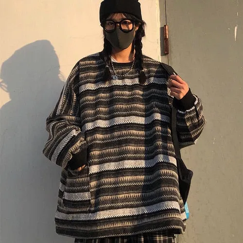 Women Striped Knitted Sweater | Hip Hop | Street | Unisex Couples | Women Winter Crew Neck Sweater