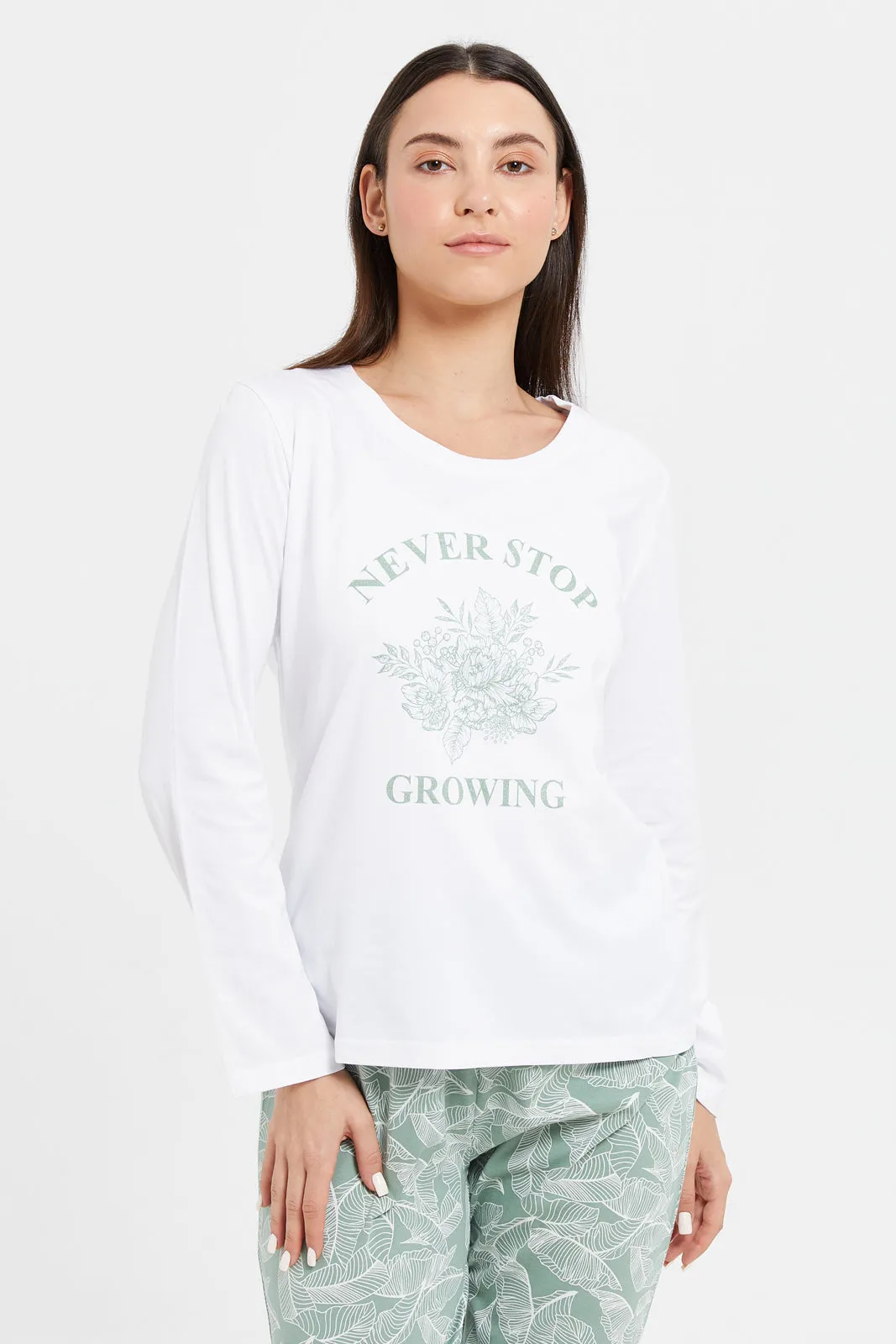 Women White Chest Print  Long Sleeve Pyjama Set (2 Piece)