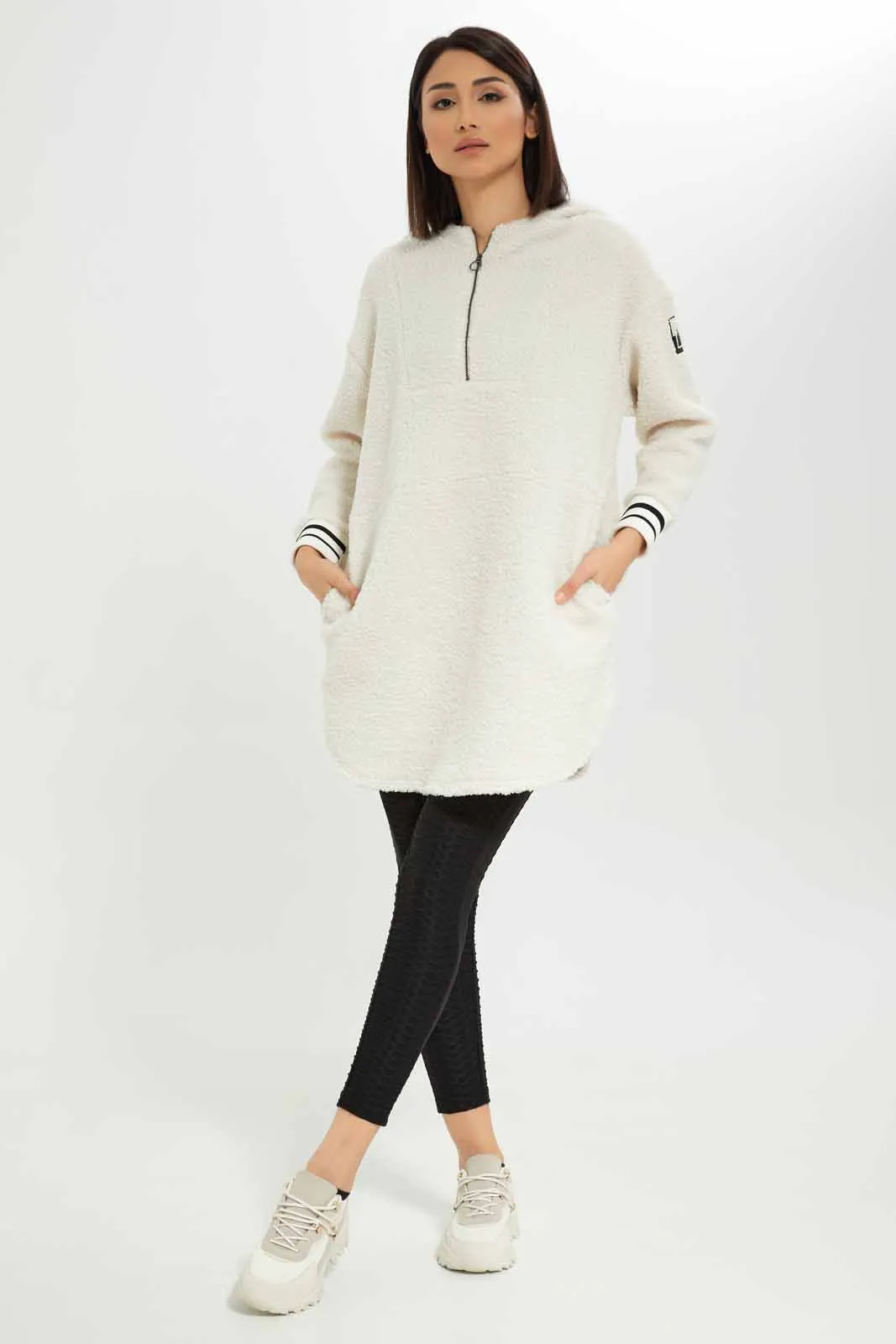 Women White Zip Through Jacket With Embroidery