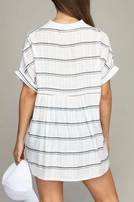 Womens Casual Striped Henley V-Neck Shirt