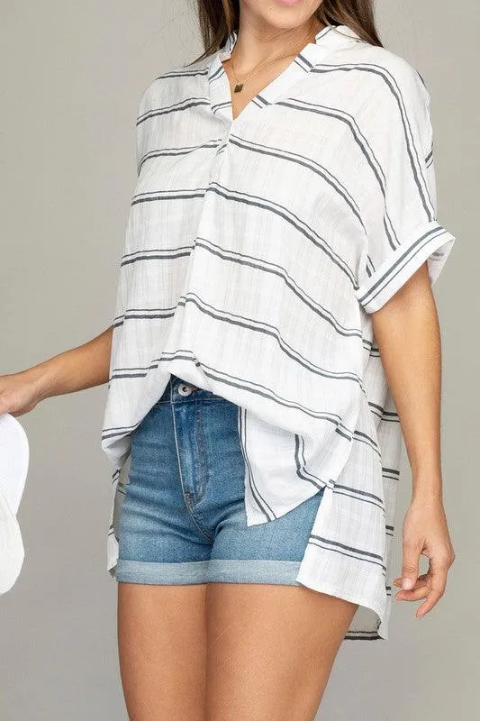 Womens Casual Striped Henley V-Neck Shirt
