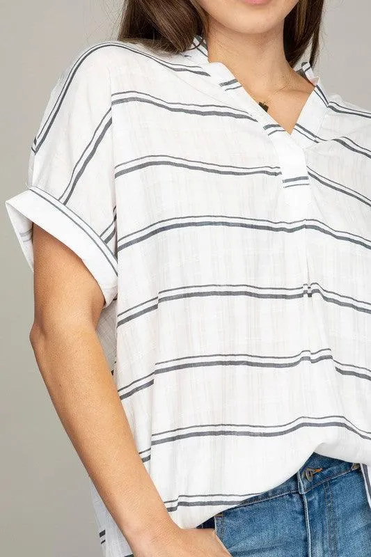 Womens Casual Striped Henley V-Neck Shirt