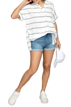 Womens Casual Striped Henley V-Neck Shirt