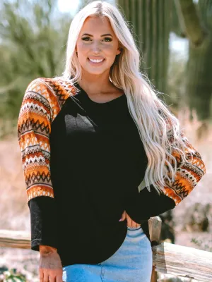 Womens Orange Geo Print Raglan Patchwork Long Sleeve Tee