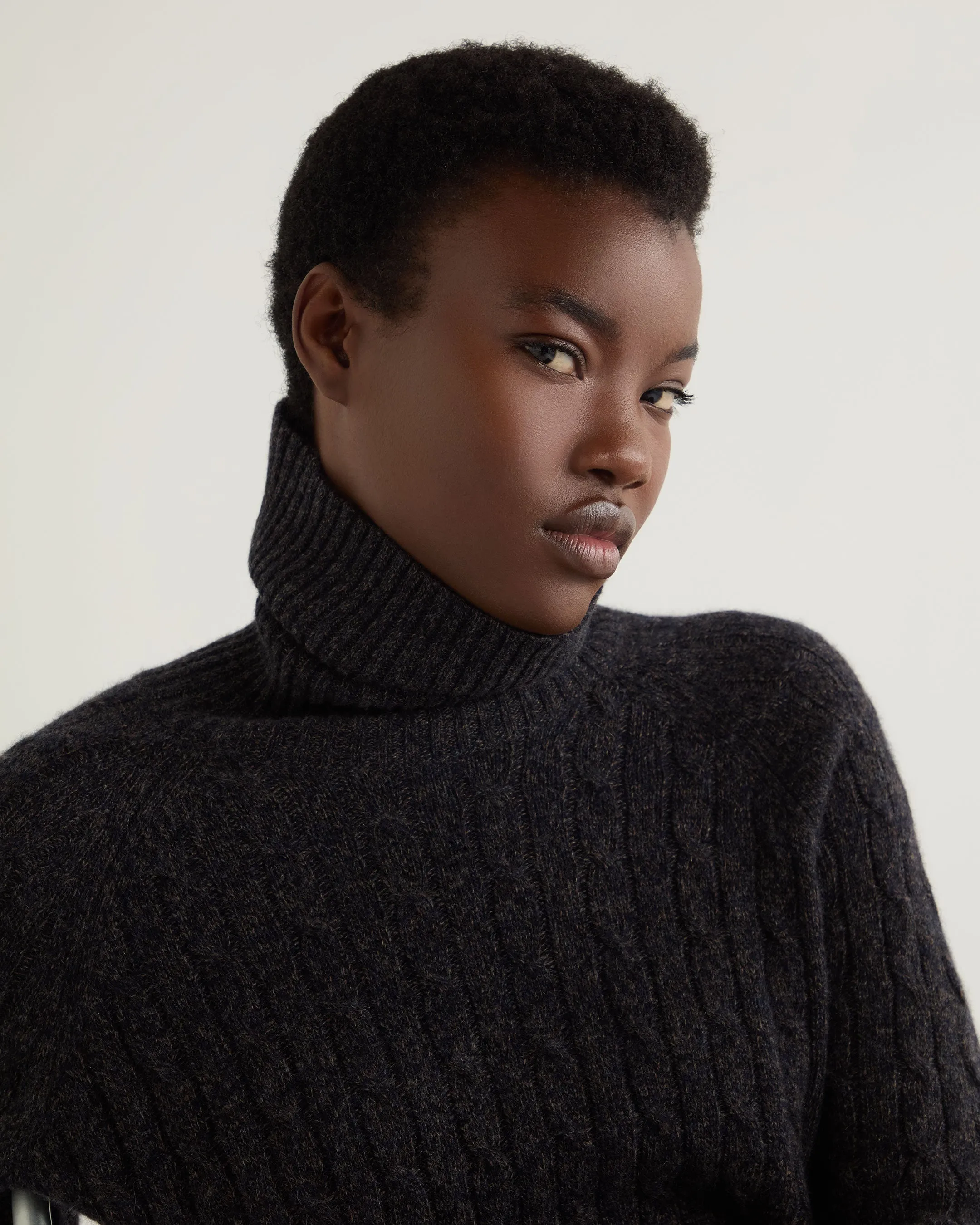 Women's Turtle Neck Cable Cashmere Tunic Granite Grey